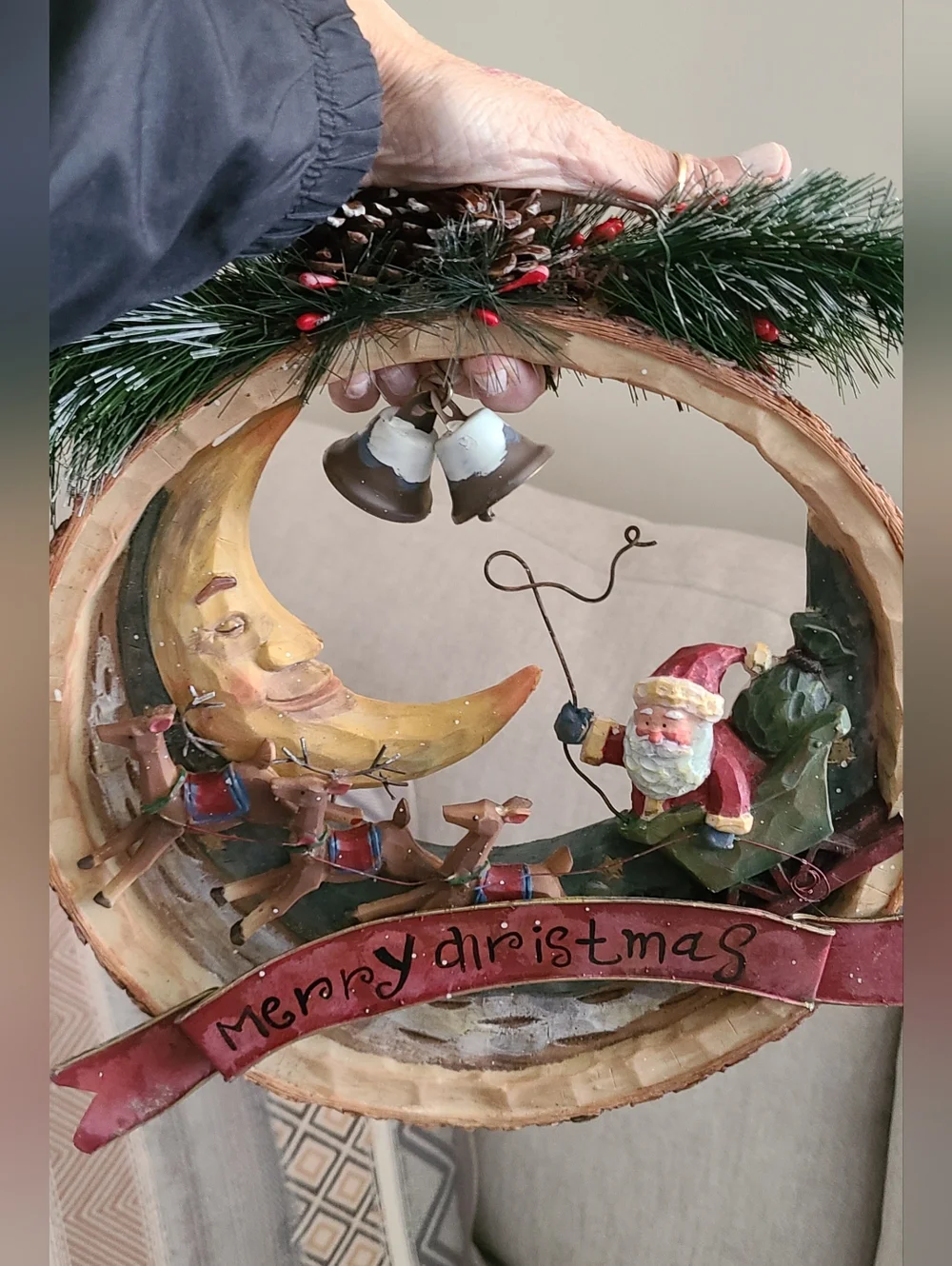 Holiday Santa Moon Wood Carved Wreath Ornament